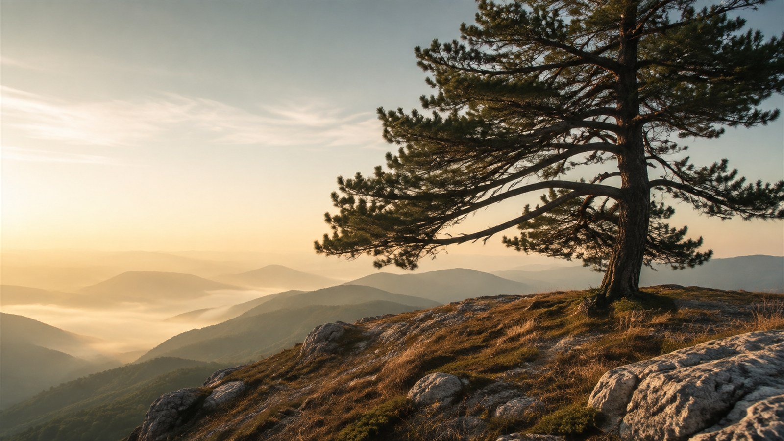 A solitary pine on a rocky outcrop above layered misty mountain ridges at soft sunrise