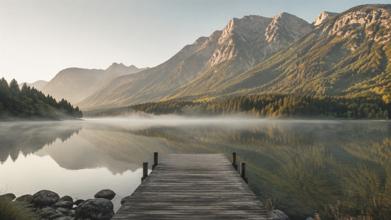 A wooden dock reaching into a still mountain lake, morning mist lifting off the water