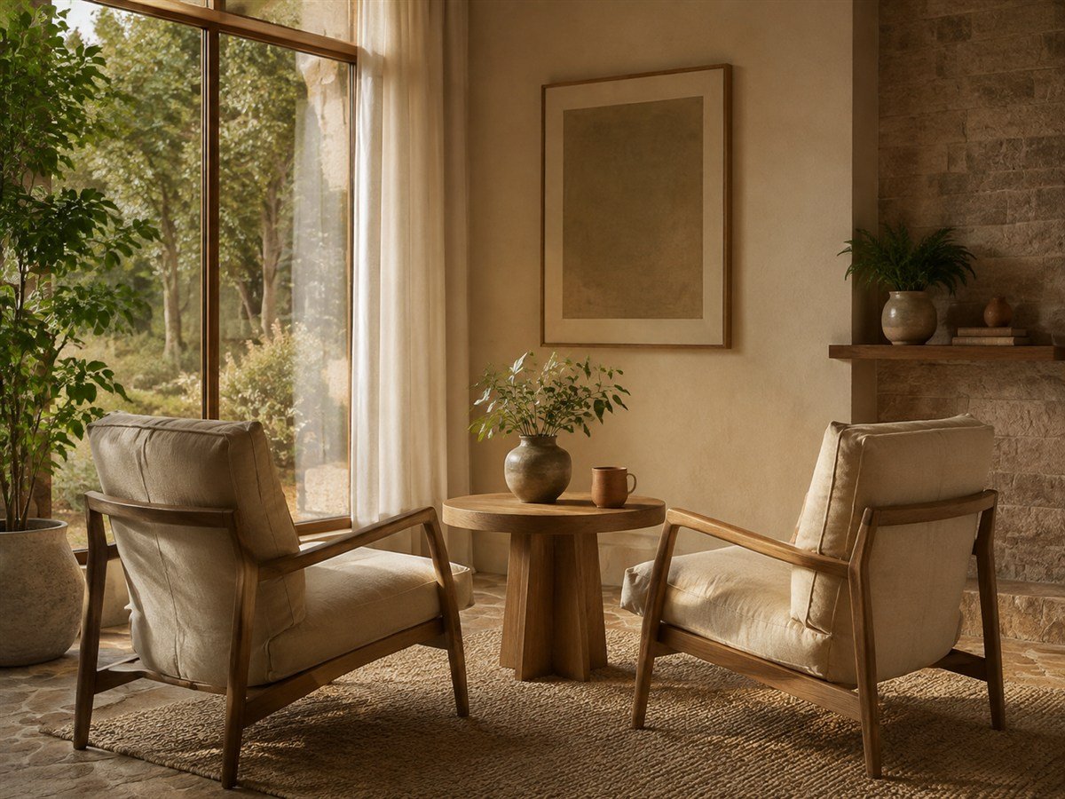 Two armchairs beside a sunlit window, ready for a conversation