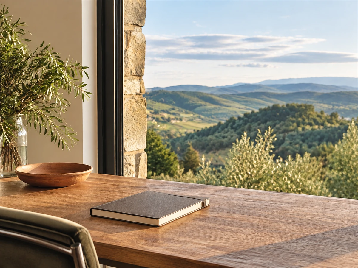 A notebook on a desk overlooking green hills