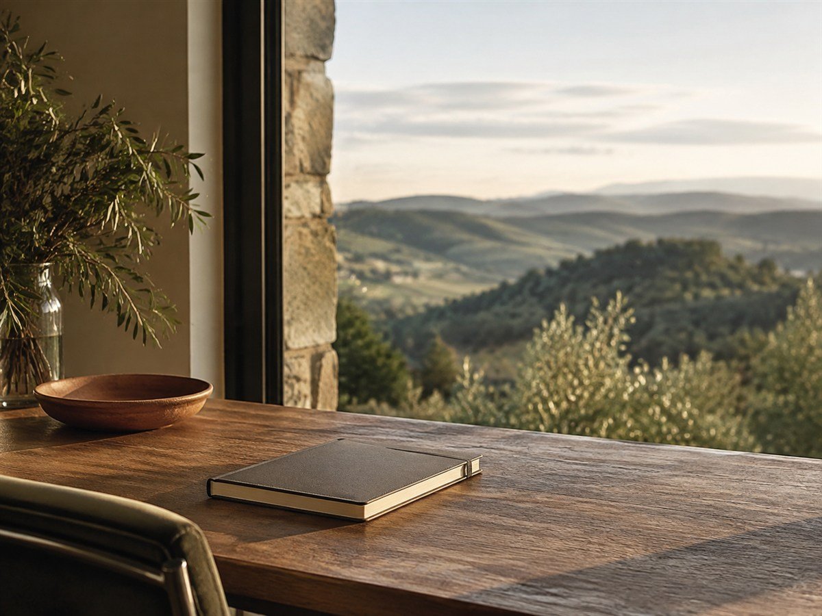 A notebook on a desk overlooking green hills