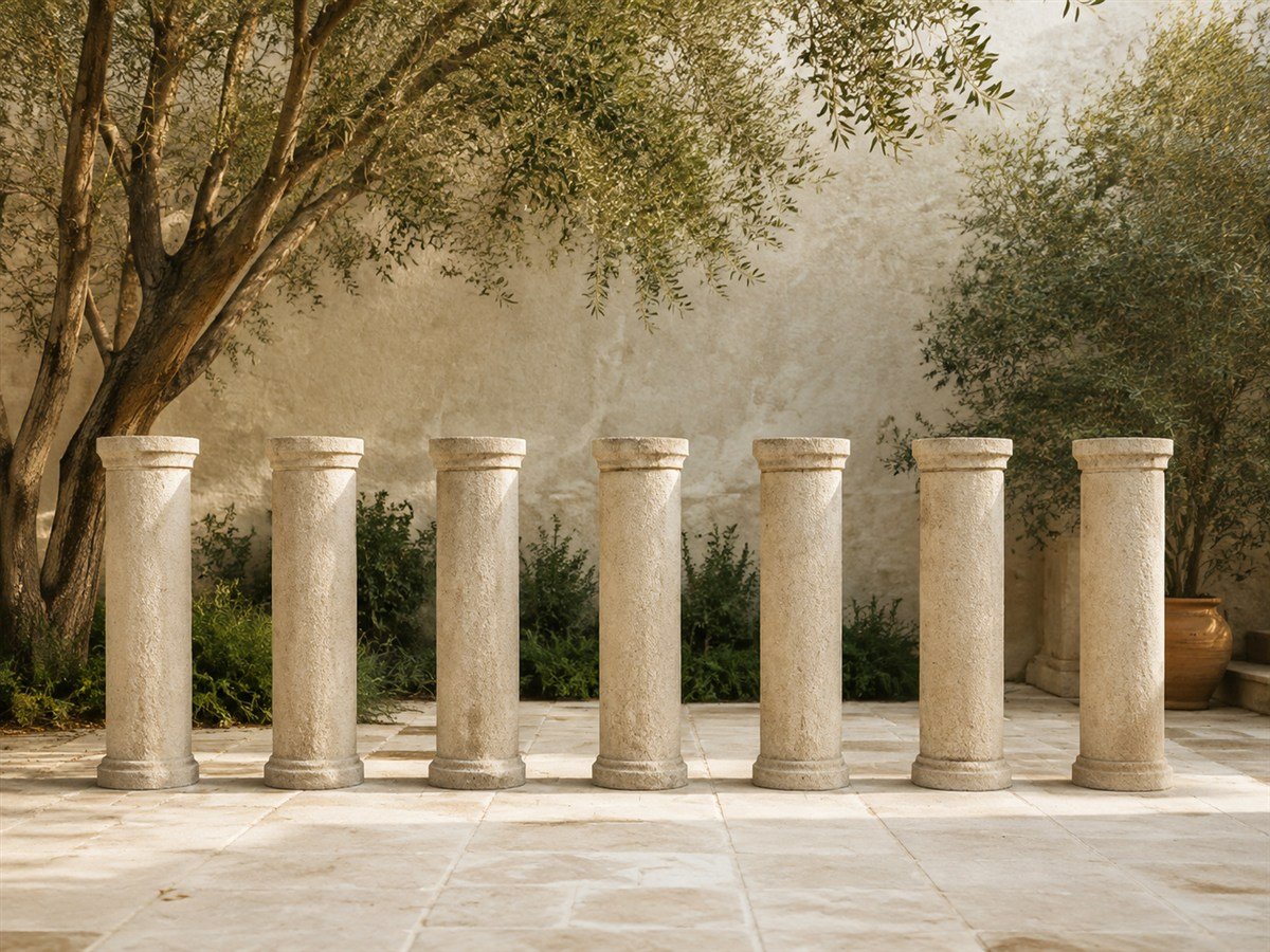 Seven stone pillars in a quiet courtyard