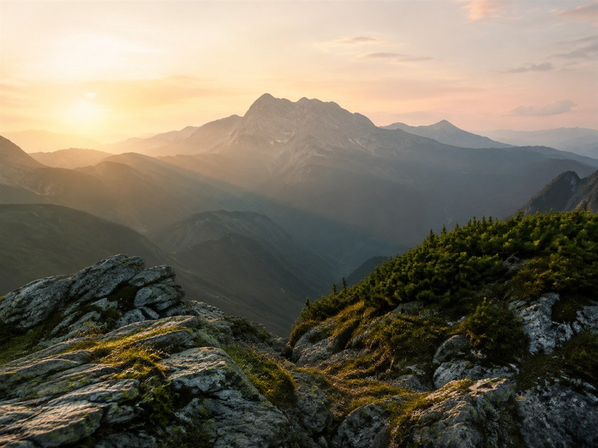 A mountain summit above layered ridges at sunrise