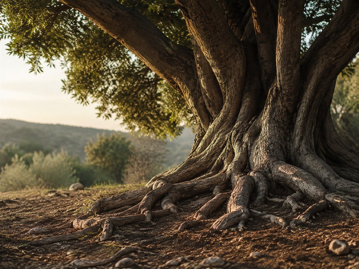 The massive roots of an old tree gripping the earth above a valley — strength built from the ground up