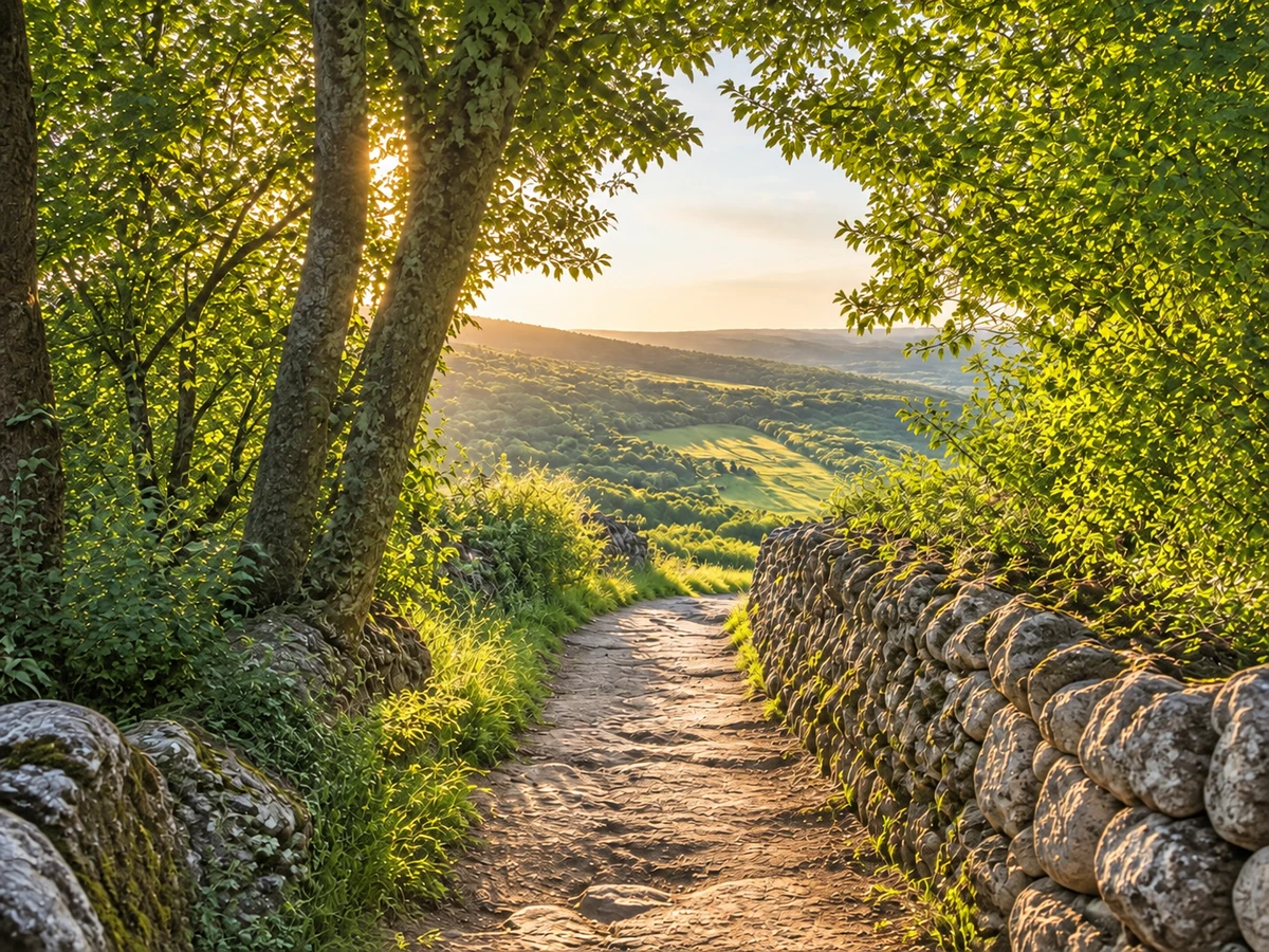 A stone-walled country path opening through trees toward sunlit green hills