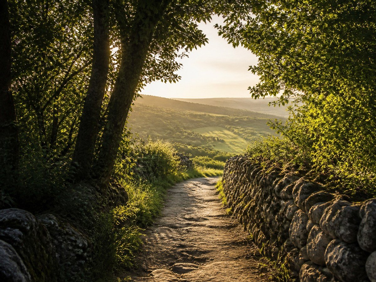 A stone-walled country path opening through trees toward sunlit green hills