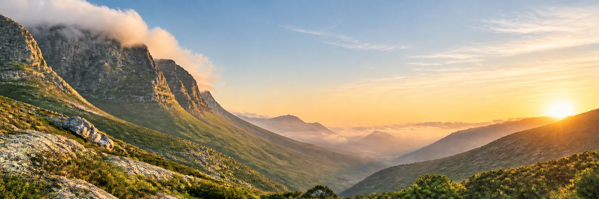 Sunrise breaking over a mist-filled mountain valley between rocky peaks